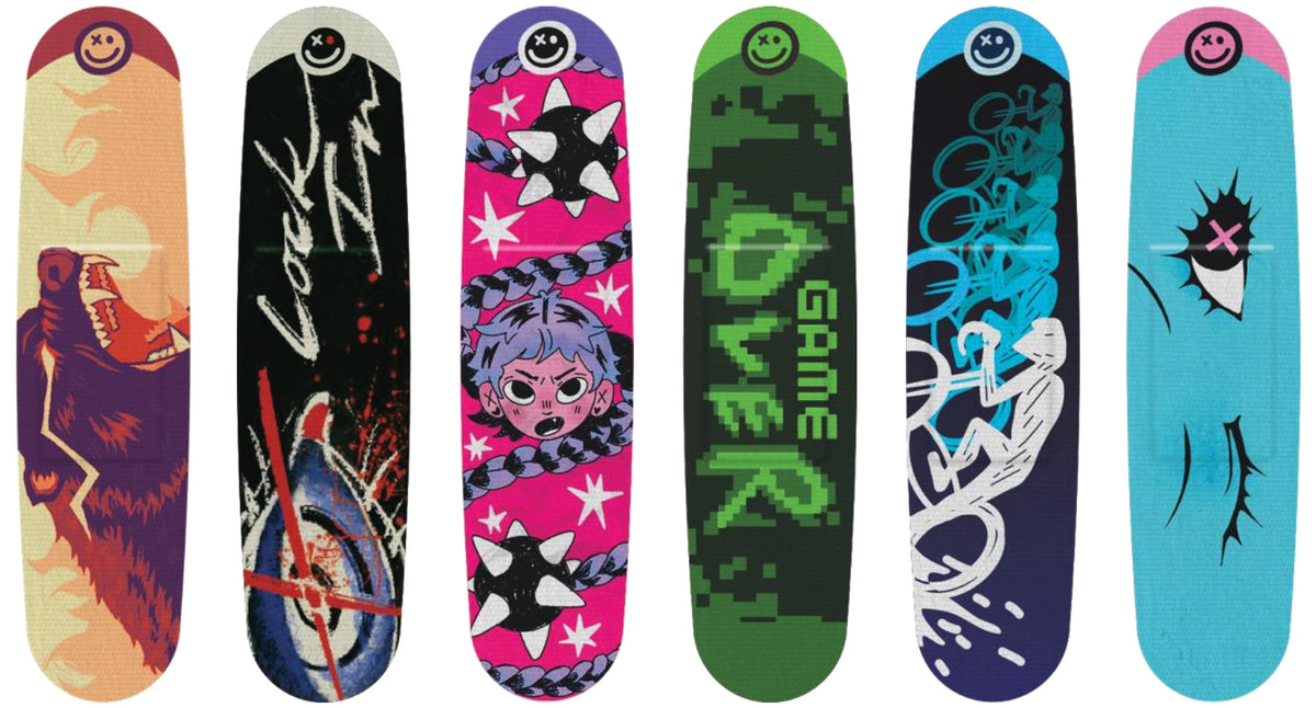 Five colorful skateboard decks with various designs and text on a white background